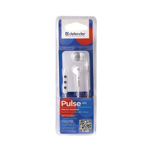 Наушники с микрофоном (гарнитура) DEFENDER Pulse 451, проводная, 1,2 м, вкладыши, для iPhone, белая, 63451, фото 3