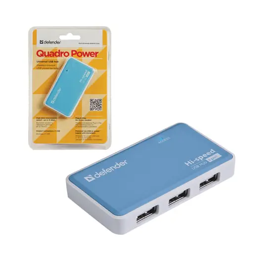 Хаб DEFENDER QUADRO POWER, USB 2.0, 4 порта, порт для питания, 83503, фото 1