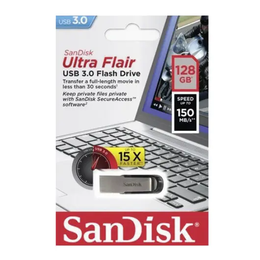 Флэш-диск 128 GB, SANDISK Ultra Flair, USB 3.0, металлический корпус, серебристый, SDCZ73-128G-G46, фото 2