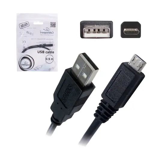 Кабель USB-micro USB, 2.0, 0,5 м, CABLEXPERT, для подключения портативных устройств и периферии, CCPmUSB2AMBM05M, фото 1