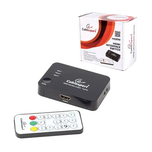 Переключатель HDMI CABLEXPERT, 19Fx3/19F, электронный, 3 устройства на 1 монитор/ТВ, пульт ДУ, DSW-HDMI-33, фото 1