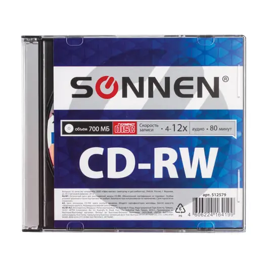 Диск CD-RW SONNEN, 700 Mb, 4-12x, Slim Case (1 штука), 512579, фото 1