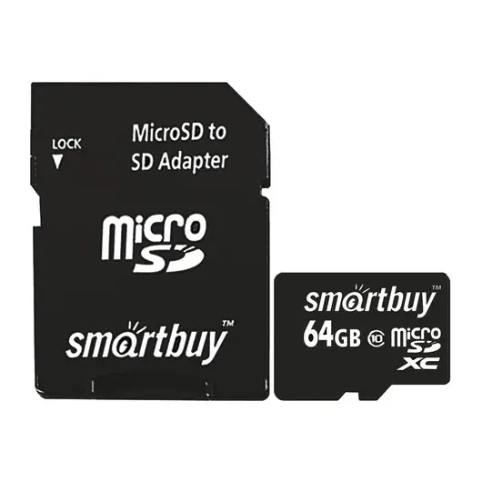 Карта памяти micro SDXC, 64 GB, SMARTBUY, 10 Мб/сек. (class 10), с адаптером, SB64GBSDCL10-01, фото 1