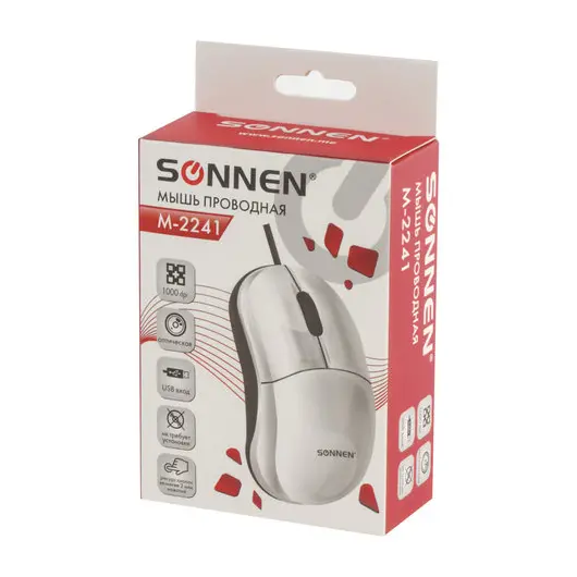 Мышь проводная SONNEN М-2241W, USB, 1000 dpi, 2 кнопки + 1 колесо-кнопка, оптическая, белая, 512634, фото 9