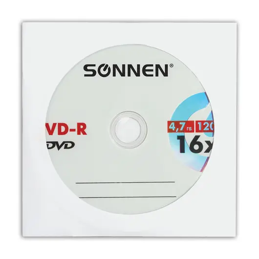 Диск DVD-R SONNEN, 4,7 Gb, 16x, бумажный конверт (1 штука), 512576, фото 1