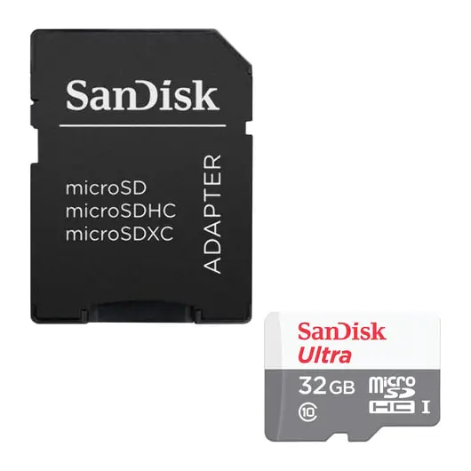 Карта памяти microSDHC, 32 GB, SANDISK Ultra UHS-I U1, 80 Мб/сек (class 10), адаптер, QUNS-032G-GN3MA, фото 1
