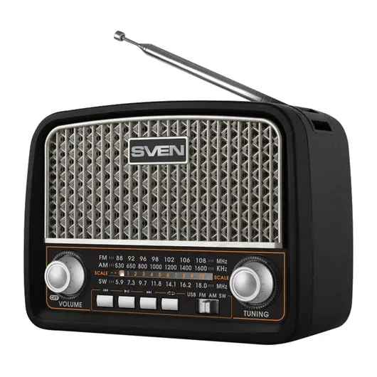 Радиоприёмник SVEN SRP-555, 3 Вт, FM/AM/SW, USB, microSD, встроенная антенна, пластик, черный, SV-017170, фото 1