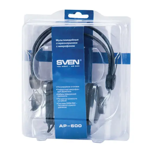 Наушники с микрофоном (гарнитура) SVEN AP-600, проводные, 2,2 м, с оголовьем, черные, SV-0410600, фото 6
