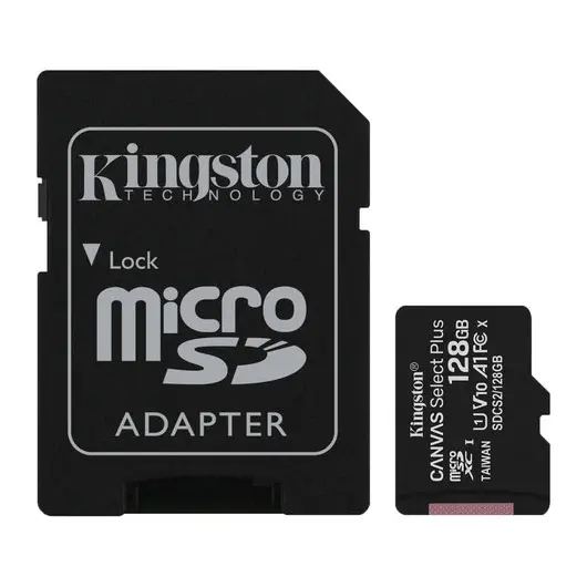 Карта памяти microSDXC 128 GB KINGSTON Canvas Select Plus UHS-I U1,100 Мб/с (class 10), адаптер, SDCS2/128 GB, SDCS/128GB, фото 1