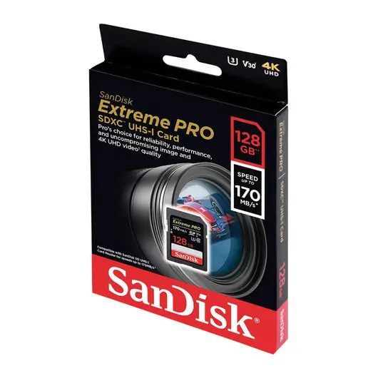 Карта памяти SDXC 128 GB SANDISK Extreme Pro UHS-I U3, V30, 170 Мб/сек (class 10), SDSDXXG-128G-GN4IN, DXXY-128G-GN4IN, фото 2