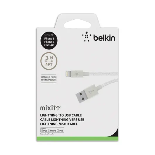 Кабель USB 2.0-Apple Lightning 3 м BELKIN, для подключения IPhone(iPad), черный, F8J023bt3M-WHT, фото 2