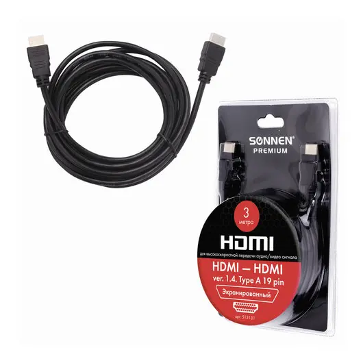 Кабель HDMI AM-AM, 3м, SONNEN Premium, медь, экранированный, для передачи аудио-видео, 513131, фото 4