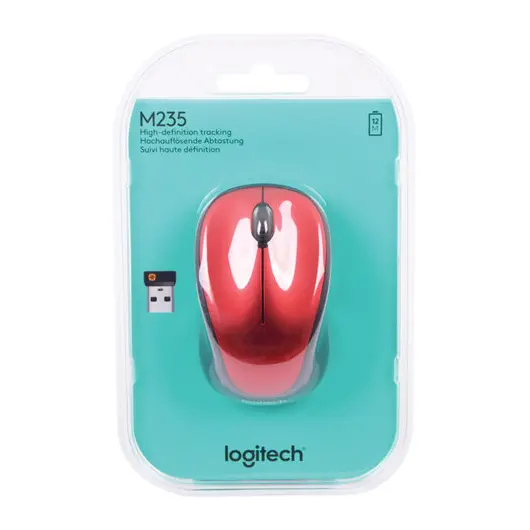 Мышь беспроводная LOGITECH M235, 2 кнопки+1 колесо-кнопка, оптическая, красно-чёрная, 910-002496, фото 5