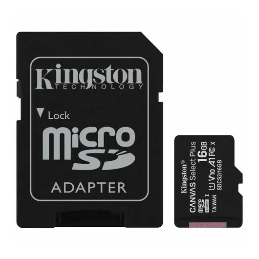 Карта памяти microSDHC 16 GB KINGSTON Canvas Select Plus, UHS-I U1, 100 Мб/с (class 10), адаптер, SDCS2/16GB, фото 1