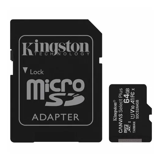 Карта памяти microSDXC 64 GB KINGSTON Canvas Select Plus, UHS-I U1, 100 Мб/с (class 10), адаптер, SDCS2/64GB, фото 1