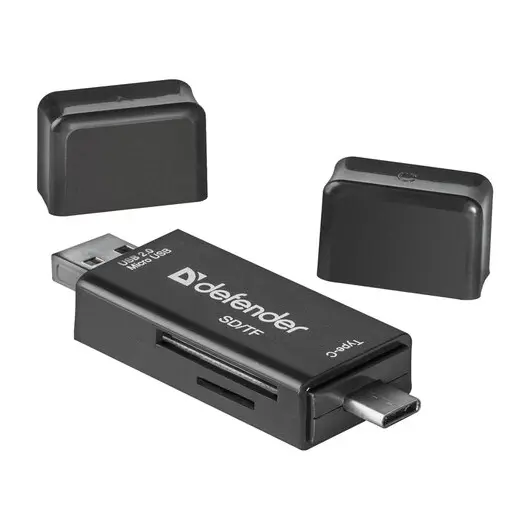 Картридер DEFENDER Multi Stick, USB 2.0, microUSB, Type-C, порты SD, micro SD , черный, 83206, фото 3