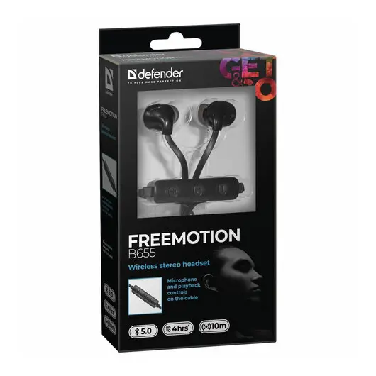 Наушники с микрофоном (гарнитура) DEFENDER FreeMotion B655, Bluetooth, беспроводные, черные, 63655, фото 4