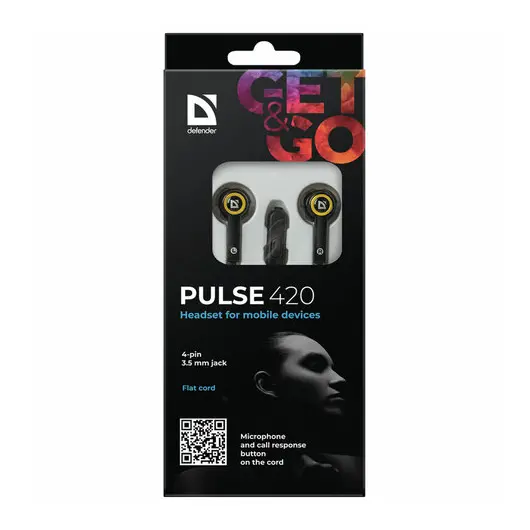 Наушники с микрофоном (гарнитура) вкладыши DEFENDER Pulse 420,провод.,1,2м,вкладыши, черные с желтым, 63421, фото 5