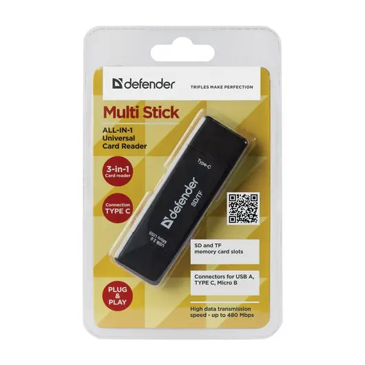 Картридер DEFENDER Multi Stick, USB 2.0, microUSB, Type-C, порты SD, micro SD , черный, 83206, фото 7