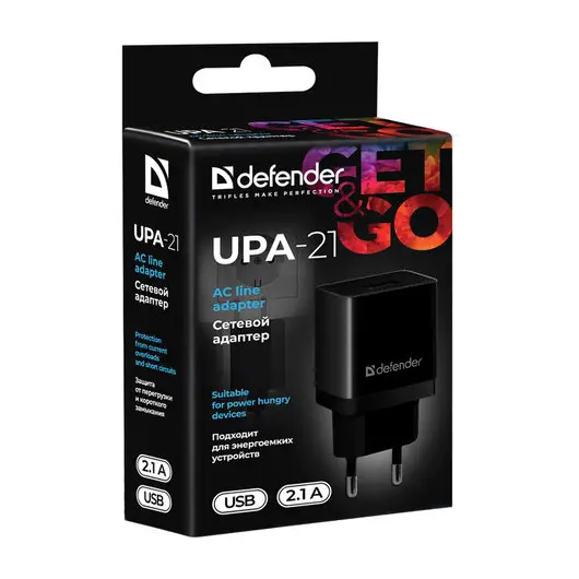 Зарядное устройство сетевое (220 В) DEFENDER UPA-21, 1 порт USB, выходной ток 2,1 А, черное, 83577, фото 4