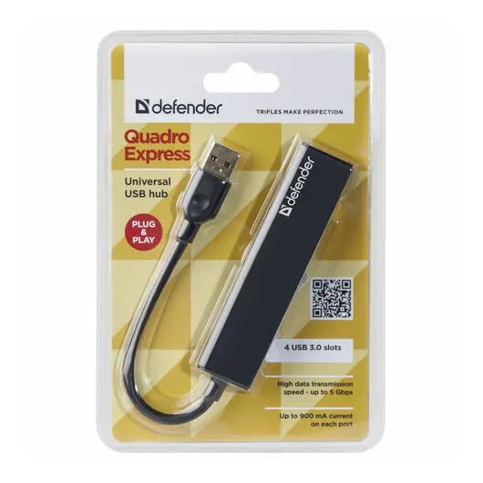 Хаб DEFENDER Quadro Express, USB 3.0, 4 порта, черный, 83204, фото 3
