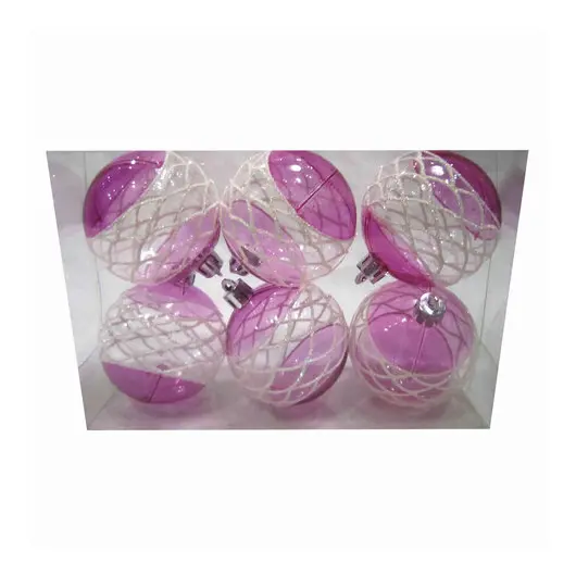 Шары елочные, НАБОР 6 шт., пластик, диаметр 6 см, с рисунком, цвет розовый (глянец), 59581, фото 1