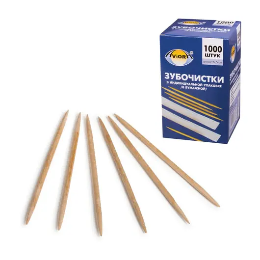 Зубочистки деревянные PATERRA / AVIORA, комплект 1000 шт., в индивидуальной бумажной упаковке, 401-610, фото 1