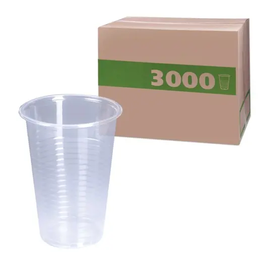 Одноразовые стаканы 200 мл, КОМПЛЕКТ 3000 шт. (30 упаковок по 100 шт.), прозрачные, ПП, холодное/горячее, фото 1