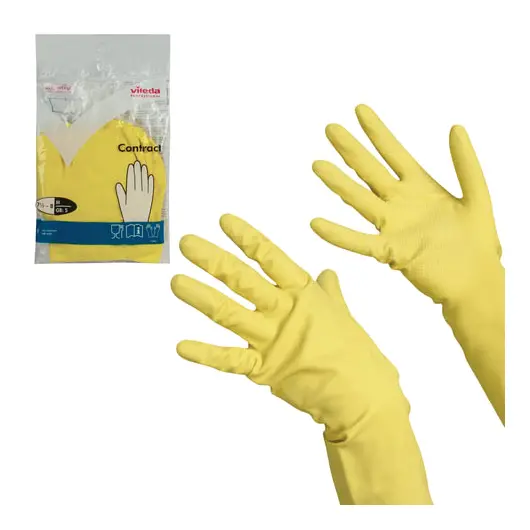 Перчатки хозяйственные резиновые VILEDA &quot;Контракт&quot; с х/б напылением, размер M (средний), желтые, 101017, фото 1