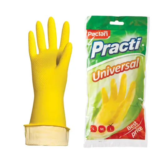 Перчатки хозяйственные латексные, х/б напыление, размер L (большой), желтые, PACLAN &quot;Practi Universal&quot;, фото 1