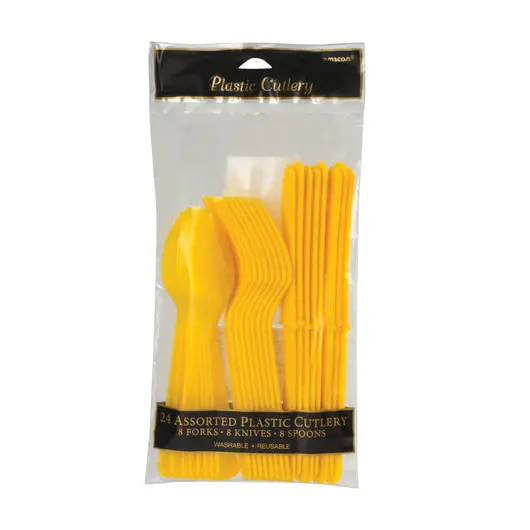 Многоразовые приборы (ножи, вилки, ложки), набор 24 шт., пластик, желтый цвет, 1502-1084, фото 2