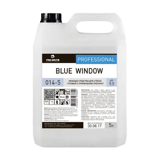 Средство для мытья стекол и зеркал 5 л, PRO-BRITE BLUE WINDOW, щелочное, низкопенное, концентрат, 014-5, фото 1