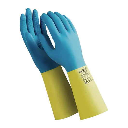 Перчатки латексно-неопреновые MANIPULA &quot;Союз&quot;, хлопчатобумажное напыление, размер 7-7,5 (S), синие/желтые, LN-F-05, фото 1