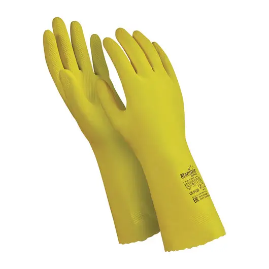 Перчатки латексные MANIPULA &quot;Блеск&quot;, хлопчатобумажное напыление, размер 8-8,5 (M), желтые, L-F-01, фото 1