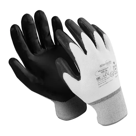 Перчатки нейлоновые MANIPULA &quot;Микронит&quot;, нитриловое покрытие (облив), размер 9 (L), белые/черные, TNI-14, фото 1