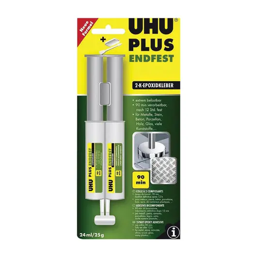 Клей эпоксидный UHU Plus EndFest, двухкомпонентный, 25 г, в шприце, в блистере, 45585, фото 2