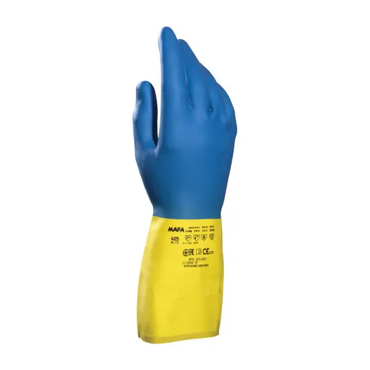 Перчатки латексно-неопреновые MAPA Duo Mix/Alto 405, хлопчатобумажное напыление, размер 8 (M), синие/желтые, фото 1