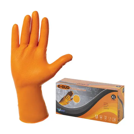 Перчатки нитриловые с удлиненной манжетой, КОМПЛЕКТ 25пар, р.XL(очень большой), оранж, E-DUO, шк0726, E105-0x-Orange, фото 1