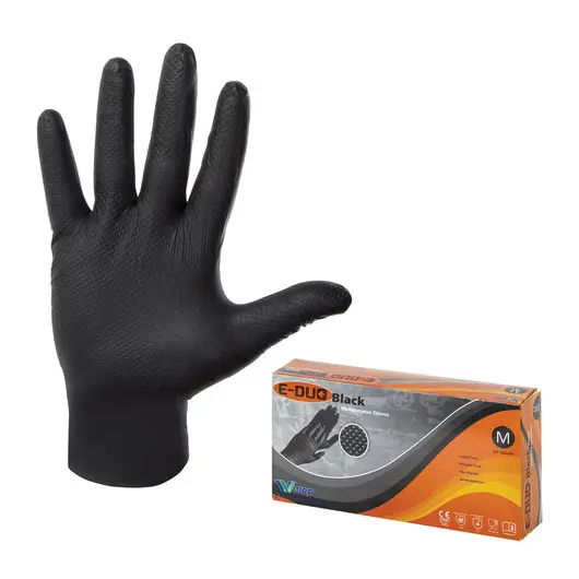 Перчатки нитриловые повышенной прочности, КОМПЛЕКТ 25 пар, размер M (средние), черные, E65-0X-Black, фото 1