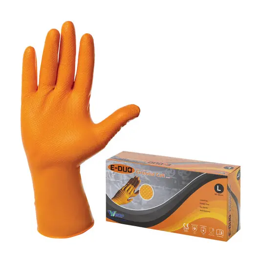 Перчатки нитриловые с удлиненной манжетой, КОМПЛЕКТ 25 пар, размер L(большой), оранж., E-DUO, шк0719, E105-0x-Orange, фото 1