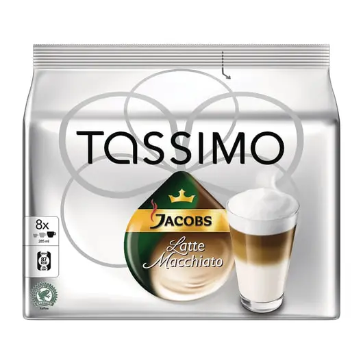 Капсулы для кофемашин TASSIMO JACOBS &quot;Latte Macchiato&quot;, натуральный кофе 8 шт. х 8 г, молочные капсулы 8 шт. х 21,7 г, фото 1