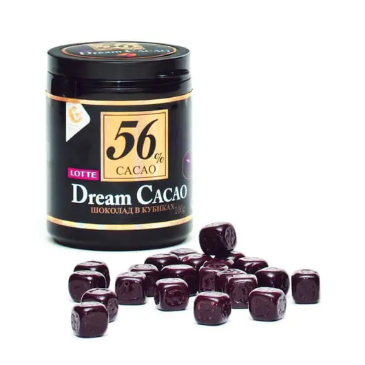 Шоколад LOTTE &quot;Dream Cacao&quot;, горький (какао 56%), в кубиках, в пластиковой банке, 106 г, фото 1