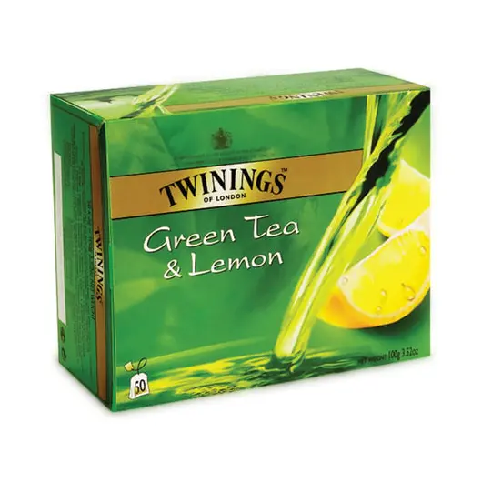 Чай TWININGS (Твайнингс) &quot;Green tea Lemon&quot;, зеленый, со вкусом лимона, 50 пакетиков, F10049, фото 1