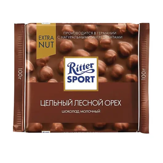 Шоколад RITTER SPORT &quot;Extra Nut&quot;, молочный, с цельным лесным орехом, 100 г, 7006, фото 1