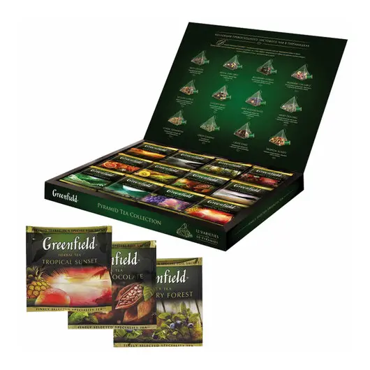 Чай GREENFIELD (Гринфилд), НАБОР 12 видов, 60 пирамидок, 110г, картонная коробка, ш/к 12419, 1241-07-1, фото 1