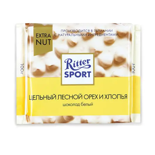 Шоколад RITTER SPORT &quot;Extra Nut&quot;, белый, с цельным лесным орехом и хлопьями, 100 г, 7016, фото 1