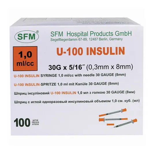 Шприц инсулиновый SFM, 1 мл. КОМПЛЕКТ 10 шт. в пакете, U-100 игла несъемная 0,3х8 - 3, 534253, фото 4