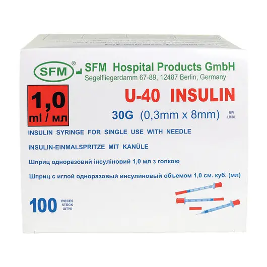 Шприц инсулиновый SFM, 1 мл. КОМПЛЕКТ 10 шт. в пакете, U-40 игла несъемная 0,3х8 - 30, 534254, фото 2