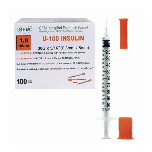 Шприц инсулиновый SFM, 1 мл. КОМПЛЕКТ 10 шт. в пакете, U-100 игла несъемная 0,3х8 - 3, 534253, фото 2