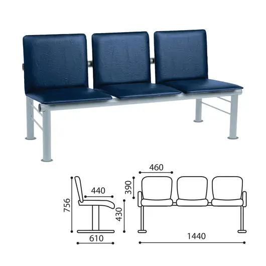 Кресло для посетителей трехсекционное &quot;Терра&quot;, серебристый каркас, кожзам синий, фото 1